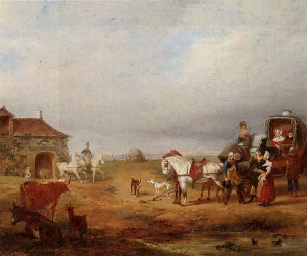 unknow artist An open landscape with a horse and carriage halted beside a pond,with anmals and innnearby France oil painting art